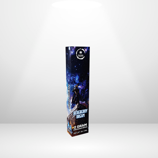 En rektangulär Faraoh THCA 2GRAM 50% 2ml - Engångsvape box har en kosmisk bakgrund, en person i hatt som tittar på natthimlen, och "2 Gram" och "Net Wt. 2G / 2ML" - perfekt för din nästa Faraoh vape-upplevelse.