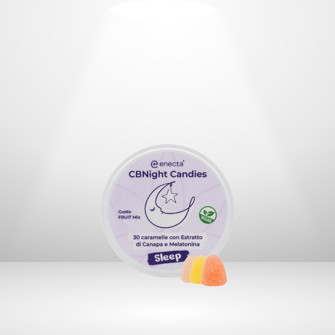 En rund behållare märkt Enecta CBN Gummies 30st visar en halvmåne och stjärna bredvid tre färgglada gummier. Etiketten betonar hampaextrakt och veganvänliga ingredienser för vilsam sömn.