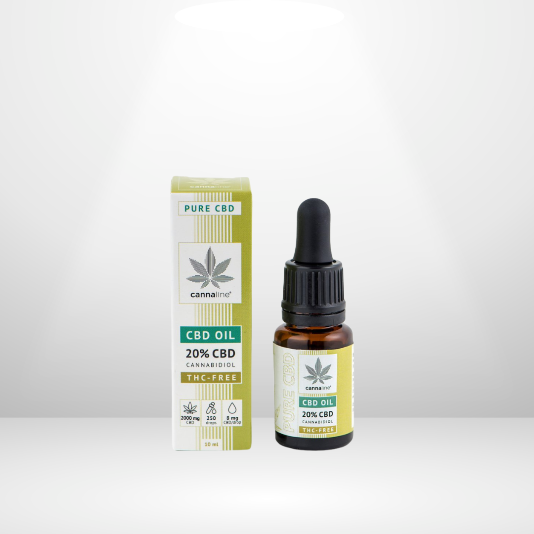 En droppflaska i brunt glas med Cannaline CBD Hampaolja 20% står bredvid sin gröna och vita låda, båda med en cannabisbladdesign, mot en vanlig vit bakgrund med en spotlight-effekt.