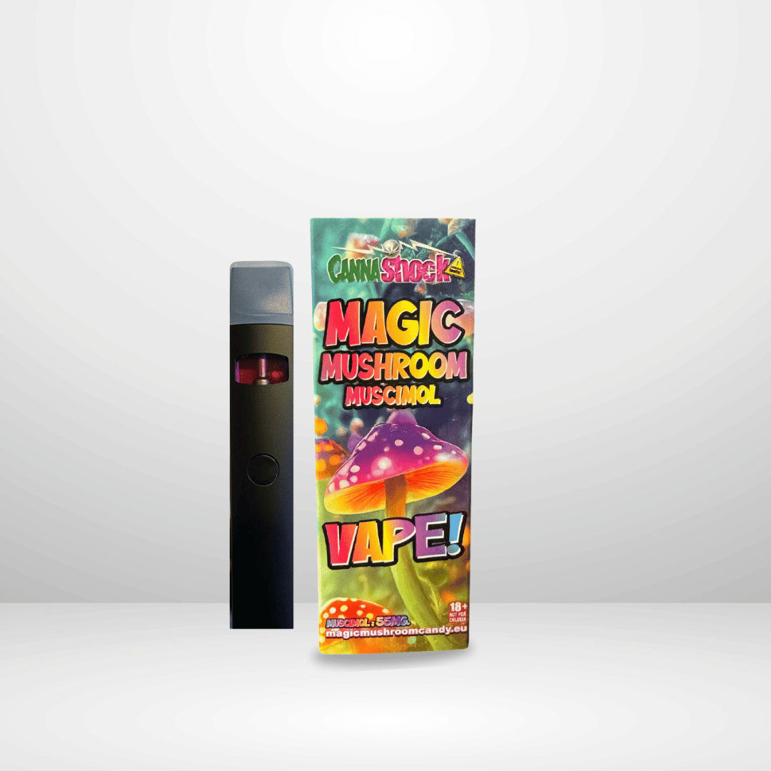 En svart Cannashock Muscimol Engångsvape 1ml 55mg står bredvid en livfull låda märkt Magic Mushroom Muscimol Vape, dekorerad med en tecknad svamp och psykedelisk konst på en ljusgrå bakgrund.