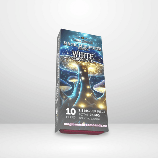 En Cannashock Muscimol Choklad 25 mg låda har glödande svampar, listar 10 stycken på 2,5 mg muscimol vardera (totalt 25 mg) och visar magicmushroomcandy.eu nedan - ett riktigt samlarobjekt.