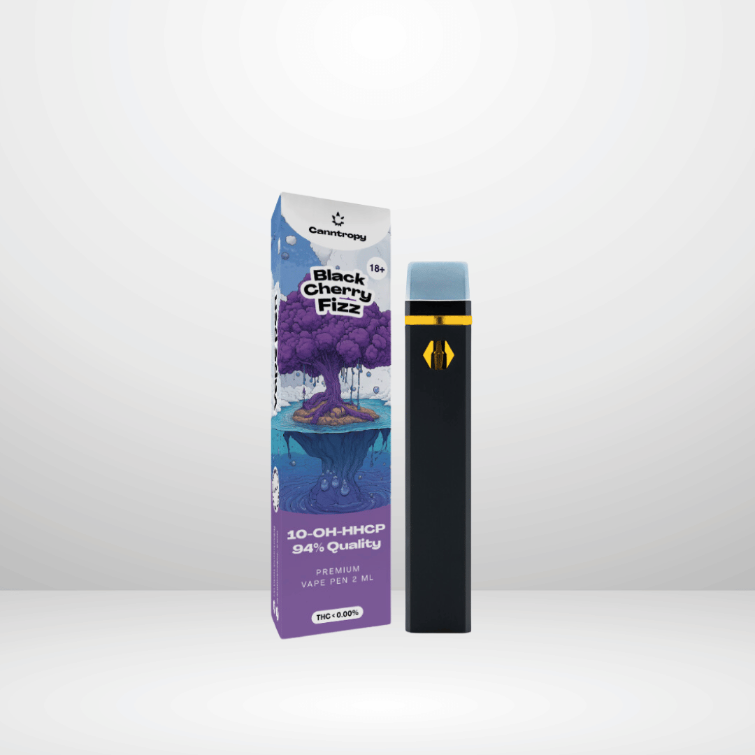 En Canntropy 10-OH-HHCP Vape 94% 2ml penna står upprätt bredvid sin färgglada låda, som visar ett lila träd, djärvt varumärke och belyser att produkten är olaglig efter 2025-07-15.