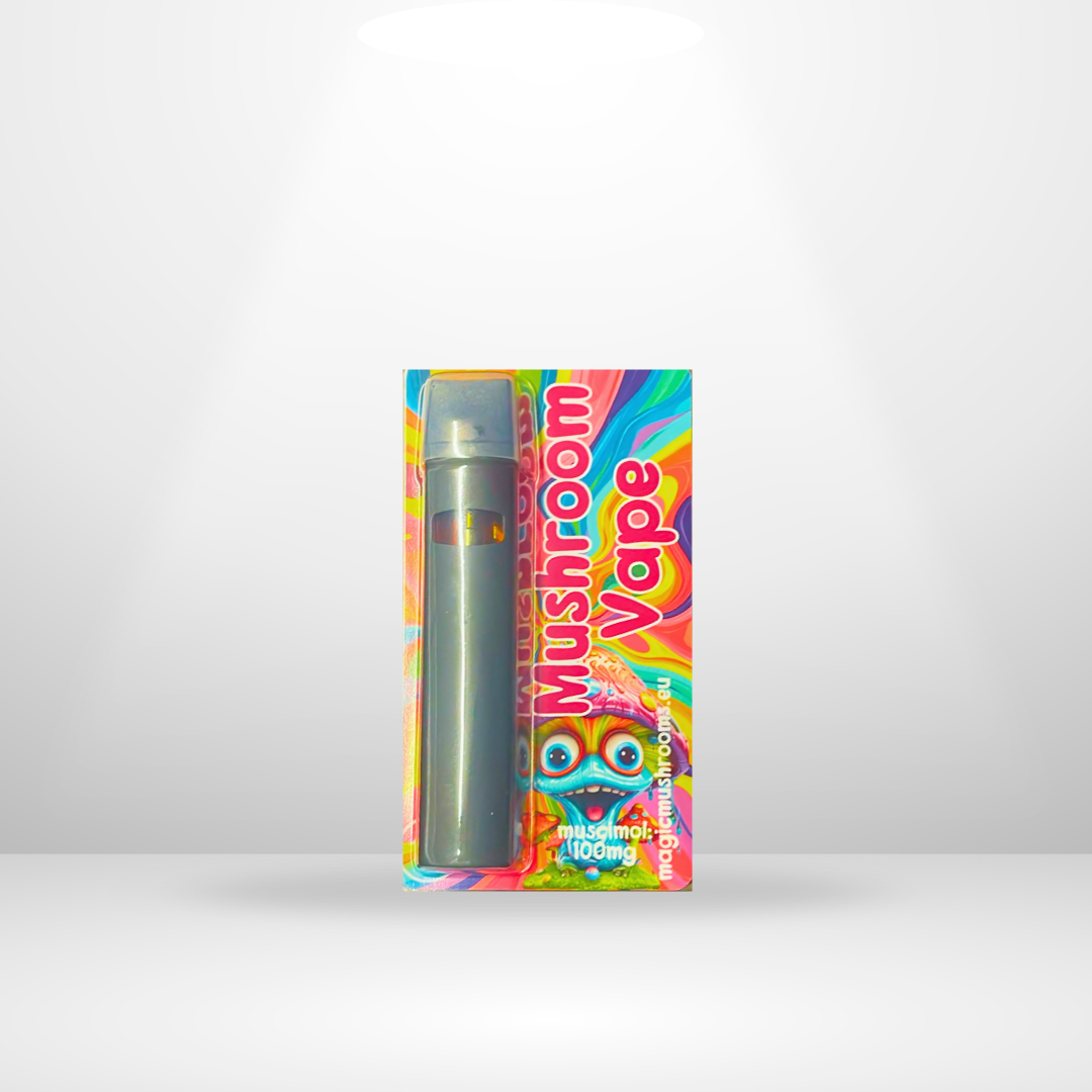 En livlig låda märkt Muscimol Engångsvape 100mg 1ml från The High Company håller en elegant svart vape-pennan. Förpackningen visar psykedeliska regnbågsvirvlar och lyfter fram "musimelon", "muscimol" och "1000mg" - perfekt för samlare.
