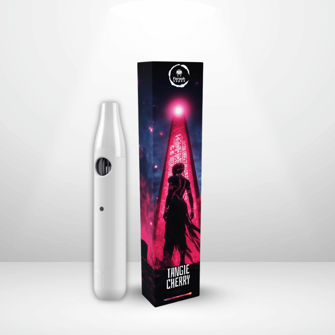 En elegant vit Faraoh THCB/THCHO Engångsvape 35% 1ml står bredvid en livlig TANGLE CHERRY-låda med en glödande röd obelisk och kosmisk konst, konstruerad med CCELL Vulkano-teknik.