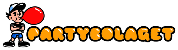 Tecknad pojke i keps blåser en stor röd bubbelgumsbubbla bredvid ordet PARTYBOLAGET i feta, rundade, orange bokstäver med vit och svart kontur.