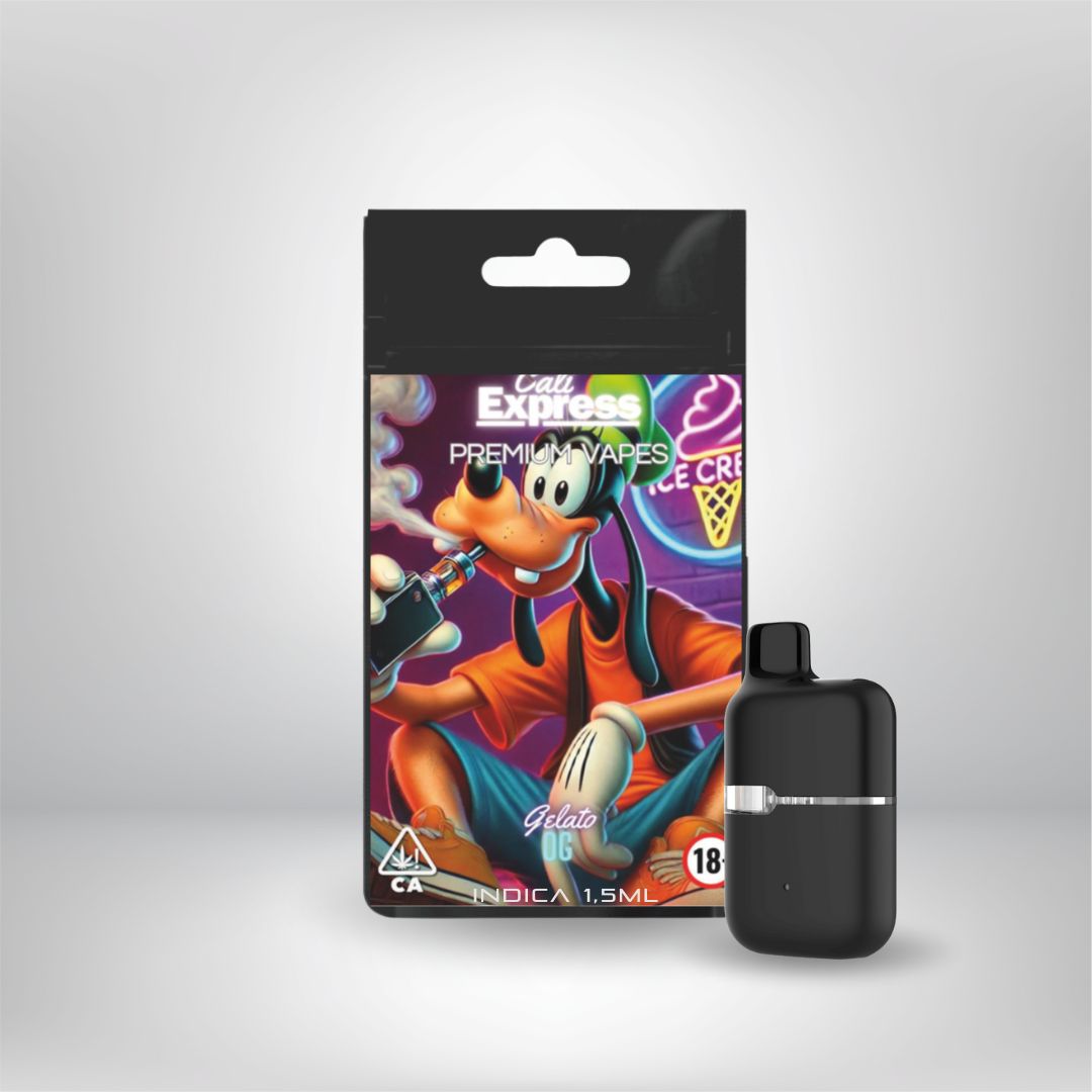En svart Vapenjoy Cali Express THCA 60% 1,5ml engångsvape står vid ett färgglatt paket med en tecknad hund som vaping, neon glassskyltar bakom. På förpackningen står det "Premium Vapes Gelato Indica" och "laboratorietestad.