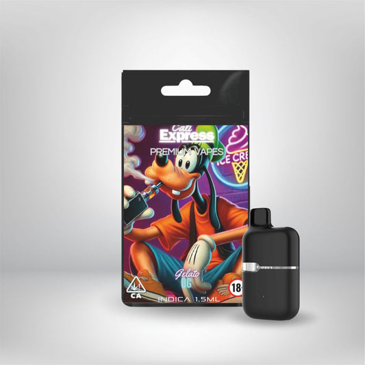 En svart Vapenjoy Cali Express THCA 60% 1,5ml engångsvape står vid ett färgglatt paket med en tecknad hund som vaping, neon glassskyltar bakom. På förpackningen står det "Premium Vapes Gelato Indica" och "laboratorietestad.