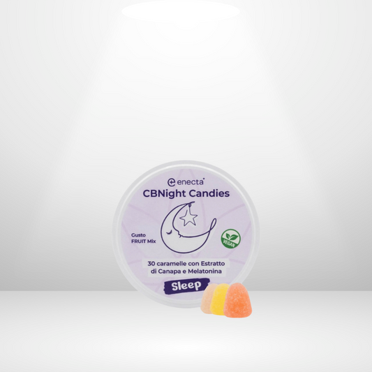 En rund behållare märkt Enecta CBN Gummies 30st visar en halvmåne och stjärna bredvid tre färgglada gummier. Etiketten betonar hampaextrakt och veganvänliga ingredienser för vilsam sömn.