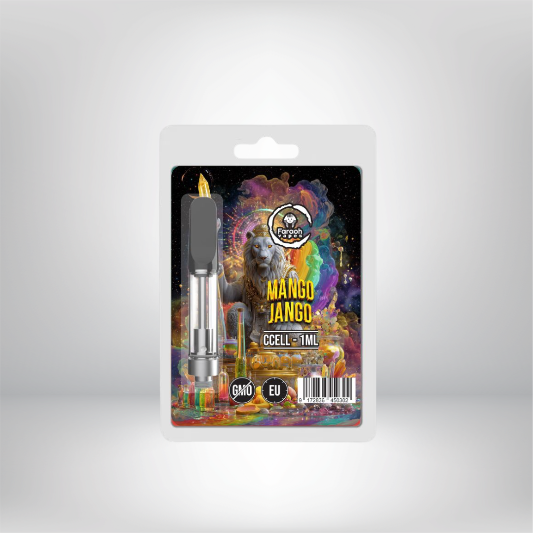 Faraohs THCA 45% 510 Cartridge 1ml-förpackning, märkt Mango Jango, visar en rolig apa med ljusa färger och rökkonst. Den förstklassiga CCELL GMO-kartongen levereras i en vit blisterförpackning med en laglig EU-streckkod för enkel efterlevnad.