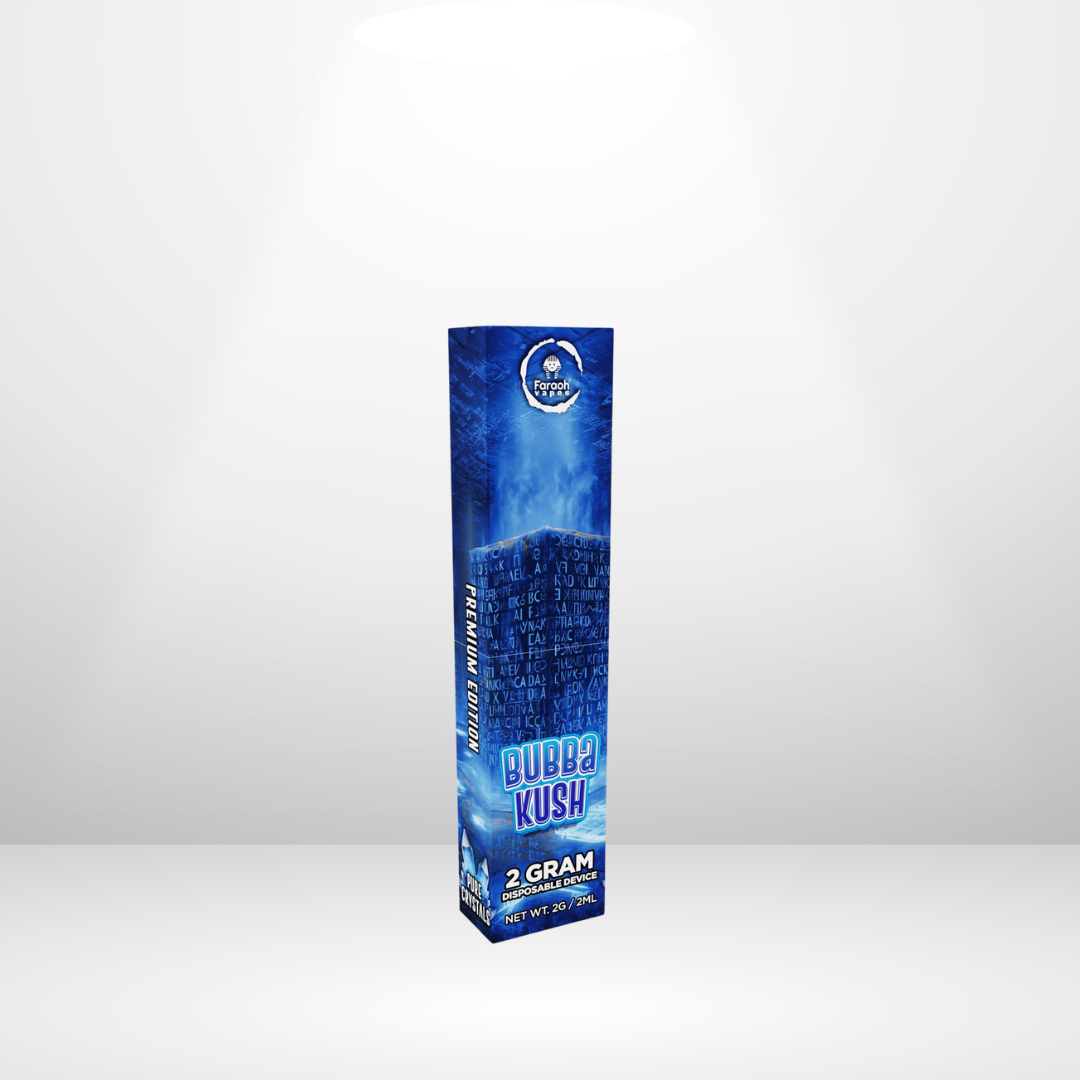 En blå rektangulär Faraoh THCA vape-ask märkt "Faraoh THCA 2GRAM 50% 2ml - Engångsvape" står upprätt i strålkastarljuset mot en vit bakgrund och visar att den är laglig i EU.