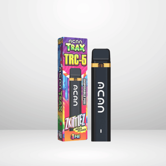 ACAN TRC-5 Engångsvape 95% 1ml i Zkittlez-smak står upprätt bredvid sin färgglada låda. Den eleganta svarta enheten med guldaccenter och vit branding lovar en smakrik vape-upplevelse.