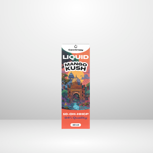 En färgglad låda märkt Canntropy 10-OH-HHCP Liquid 94% 10ml (olaglig sedan 2025-07-15), med en livlig tempelscen och LIQUID MANGO KUSH, har Double Bubble smak för en djärv, smakfull upplevelse.