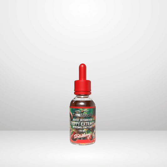 En liten droppflaska med Cannashock Muscimol Trippy Extract 150 mg med ett rött lock, mot en vit bakgrund.