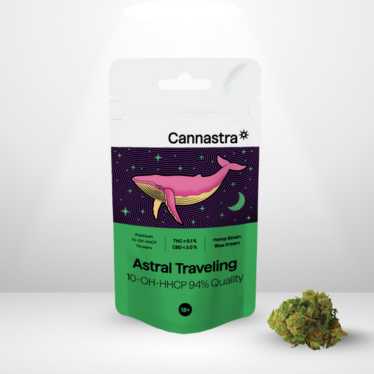 En vit Cannastra-påse märkt "10-OH-HHCP Buds 5g 94% (olaglig sedan 2025-07-15)" står upprätt och pryds av en kosmisk rosa val. Nedan visas Blue Dream hampaknoppar, vilket betonar 94% kvalitet.