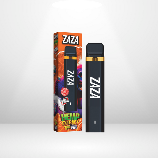 En ACAN Acan ZaZa Hampa 100% 1ml engångsvape står upprätt bredvid sin livliga förpackning, som visar ACAN-logotypen och texten: HEMP EXTRACT, THC-fri, och Super Strong 1ml Vape.