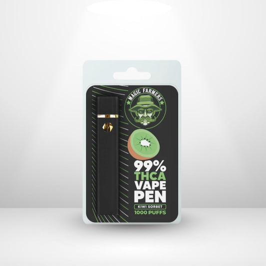En förpackad Magic Farmers THCA 50% 2ml Engångsvape, märkt med en skäggig man logotyp, "50% THCA Vape Pen, Kiwi Sorbet, 1000 puffs" text, kiwi frukt grafik på etiketten; laglig inom EU.